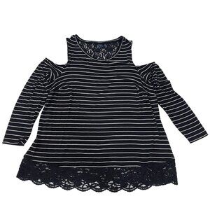 Kaari Blue Womens 2X Cold Shoulder Black Striped Top Lace Hem Long Sleeve
